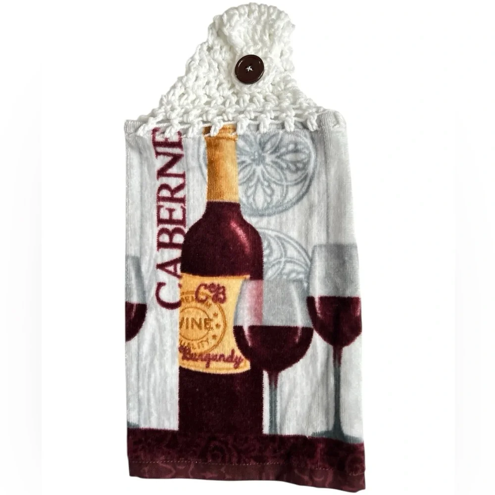 Hand Crafted Cabernet Wine Hanging Kitchen Towel with Burgundy and White Design